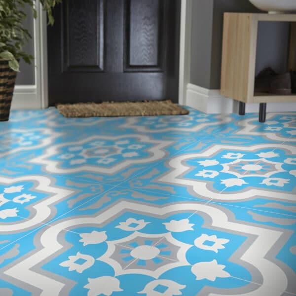 Vinyl Area Rug With Moroccan Tiles Design in Blue and Beige. Linoleum Style Area  Rug With Zellige Tiles. Vinyl Tiles Art Mat. 